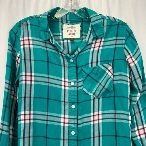 Perfect Shirt Womens Button Front Multicolor Plaid Long Sleeve Pockets Rayon XS - Picture 2 of 10
